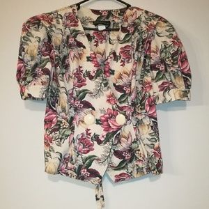 Vintage 80s Floral Puff Sleeve Button Blouse L
